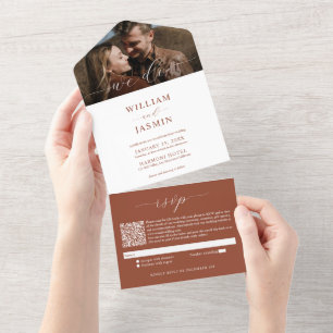 Elegant Terracotta Foto Script QR Code Wedding All In One Einladung