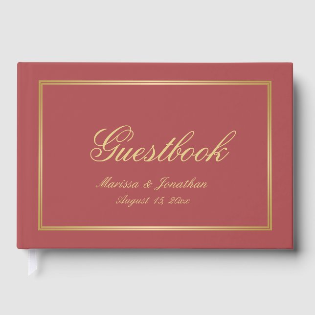 Elegant Terracotta Gold Monogram Script Wedding Gästebuch (Vorderseite)