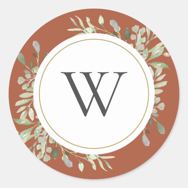 Elegant Terracotta Greenery Monogram Initial Runder Aufkleber (Vorderseite)