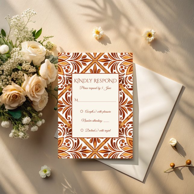 Elegant Terracotta Mexican Talavera Hochzeit RSVP Karte (Elegant Terracotta Talavera vintage Mexican wedding RSVP Card Talavera wedding invitation suite)