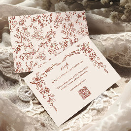 Elegant Terracotta Vintag Floral QR Code Wedding RSVP Karte