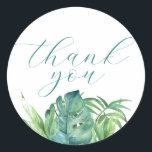 Elegant Thank You Tropical Wedding Stickers<br><div class="desc">These wedding stickers feature watercolor monstera and palm leaves. The words "Thank You" are set in elegant script typography. To see the matching tropical wedding theme visit www.zazzle.com/dotellabelle 
Watercolor art and design by Victoria Grigaliunas</div>