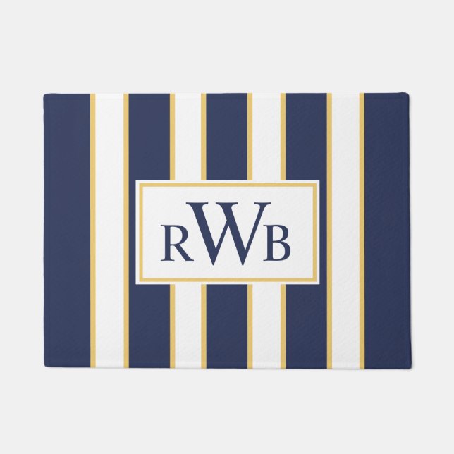 Elegant Three Letter Monogram| Blauweißer Streifen Fußmatte (Vorderseite)