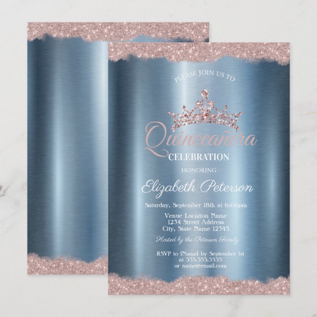 Elegant Tiara Blue Metallic Quinceñera Einladung (Vorne/Hinten)