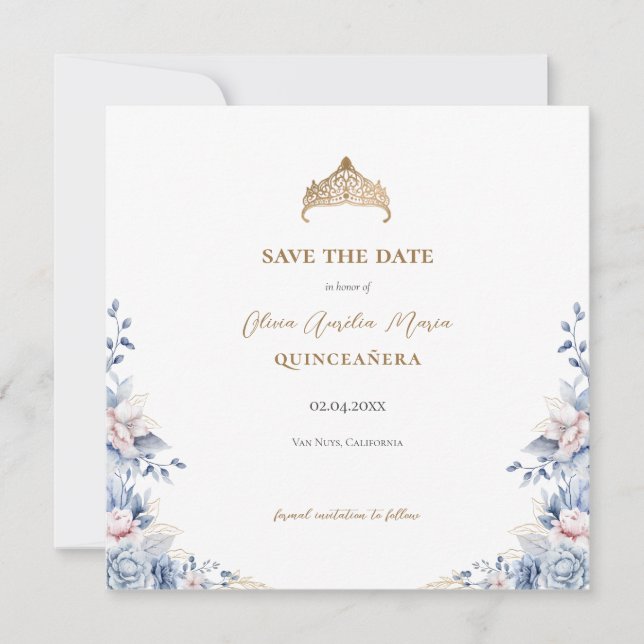 Elegant Tiara Floral Quinceñera Foto Save The Date (Vorderseite)