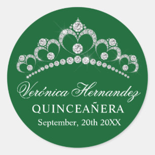 Elegant Tiara Green Spanish Quinceñera Quince Runder Aufkleber