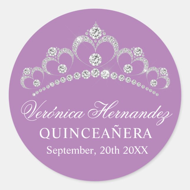 Elegant Tiara Lila Spanisch Quinceñera Quince Runder Aufkleber (Vorderseite)