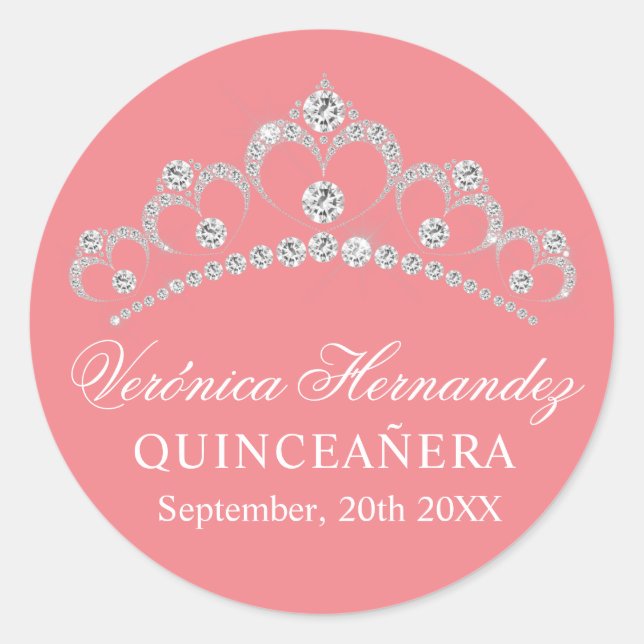 Elegant Tiara Peach Spanish Quinceañera Quince Runder Aufkleber (Vorderseite)