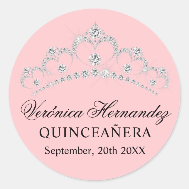 Elegant Tiara Pink Spanisch Quinceañera Quince Runder Aufkleber (Vorderseite)