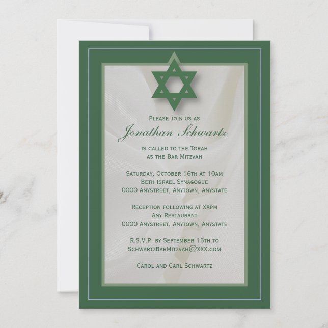 Élégant tissu Bar Mitzvah Invitation en vert (Devant)