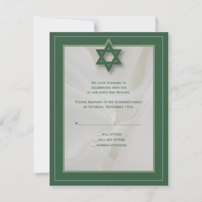 Elégant tissu Barre Mitzvah RSVP Réponse en vert (Devant)