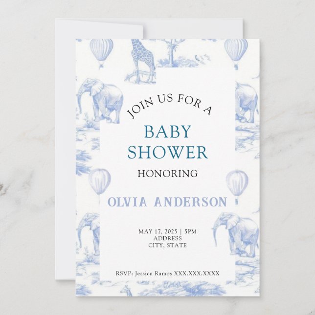 Elegant Toile de Jouy Blue Baby Shower Einladung (Vorderseite)