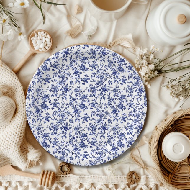 Elegant Toile de Jouy Floral Blue Bow Baby Shower Pappteller (Von Creator hochgeladen)