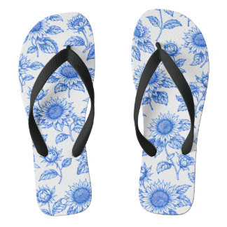 Elegant Toile du Jouy Sunflowers – Blue Botanical Flip Flops