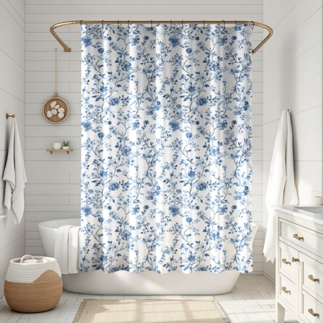 Elegant Toile Floral Pattern Blue and White Duschvorhang (Elegant toile de jouy blue and white botanical pattern - a touch of class for your bathroom!)