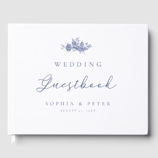 Elégant Toile Français Blue Mariage Livre d'or (Recto)