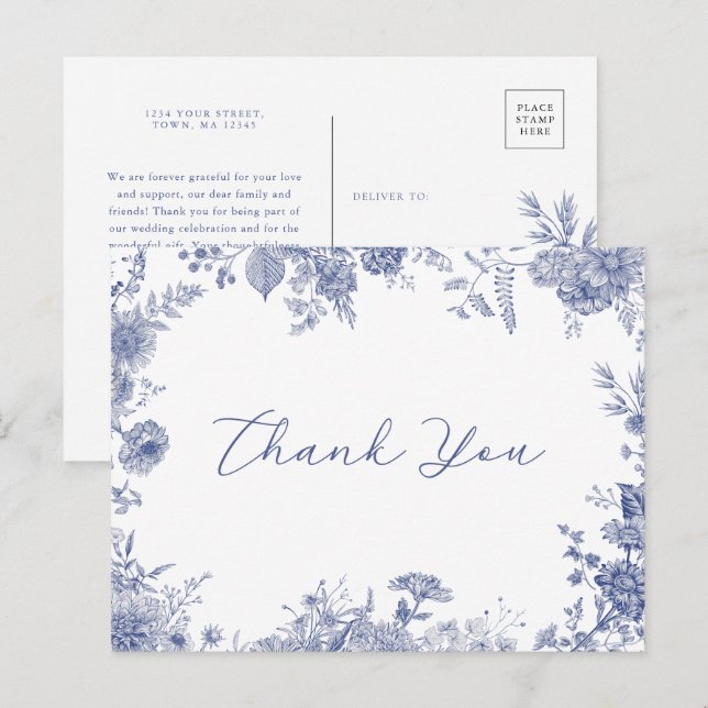Elegant Toile French Blue Danke Postcard Einladungspostkarte (Vorne/Hinten)