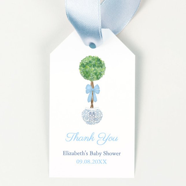 Elegant Topiary Boy Baby Shower Vielen Dank Geschenkanhänger (Darling boxwood topiary in ginger jar planter tied with pale blue bow boy baby shower favor tags)