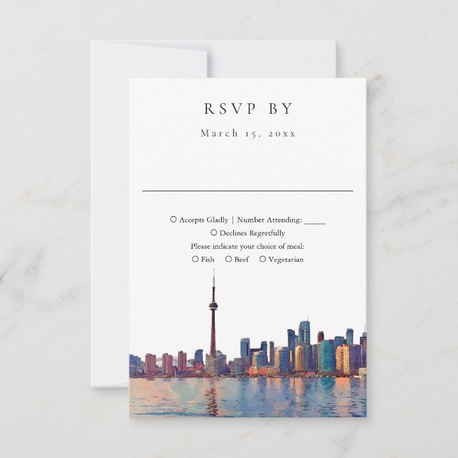 Elegant Toronto Skyline Watercolor Wedding RSVP Karte (Vorderseite)