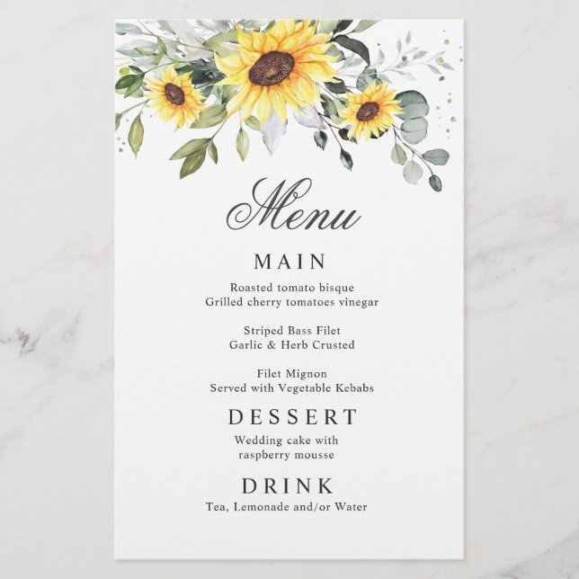 Elégant tournesol Eucalyptus Mariage Diner Menu (Devant)
