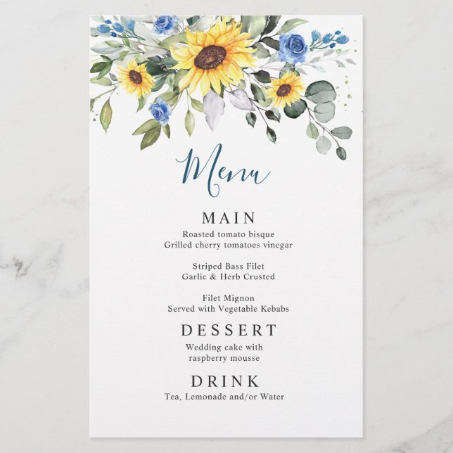 Elégant tournesol Eucalyptus Mariage Diner Menu (Devant)