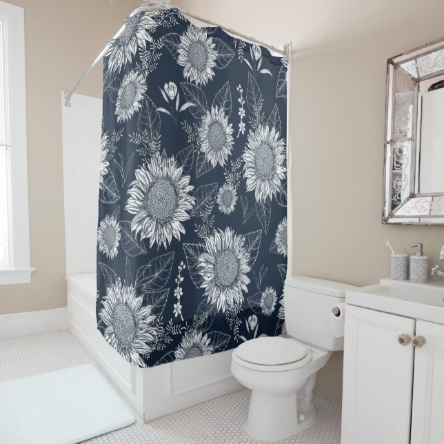 Elégant Tournesol Floral Marine Rideau Douche Bleu (En situation)
