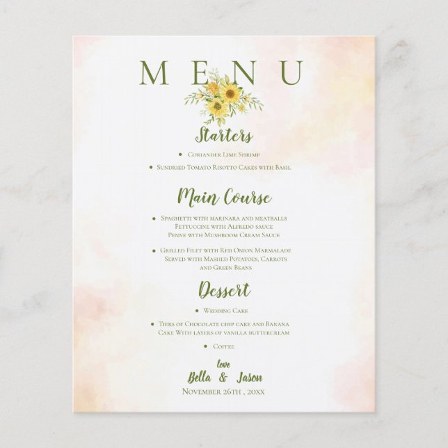 Elégant Tournesol Jaune Floral Mariage Menu (Devant)