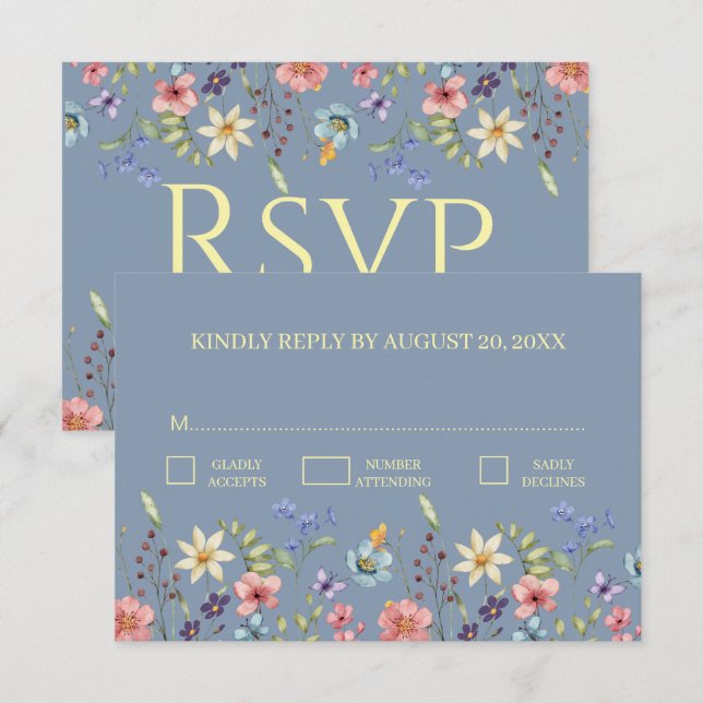 Elegant Traditiona Floral Dusty Blue Wedding RSVP (Vorne/Hinten)