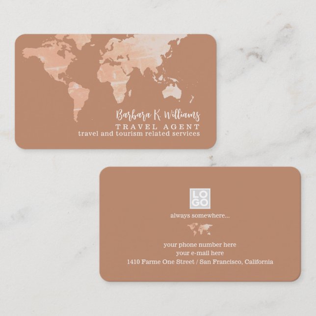 Elegant Travel Agent world map terracotta brown Visitenkarte (Vorne/Hinten)