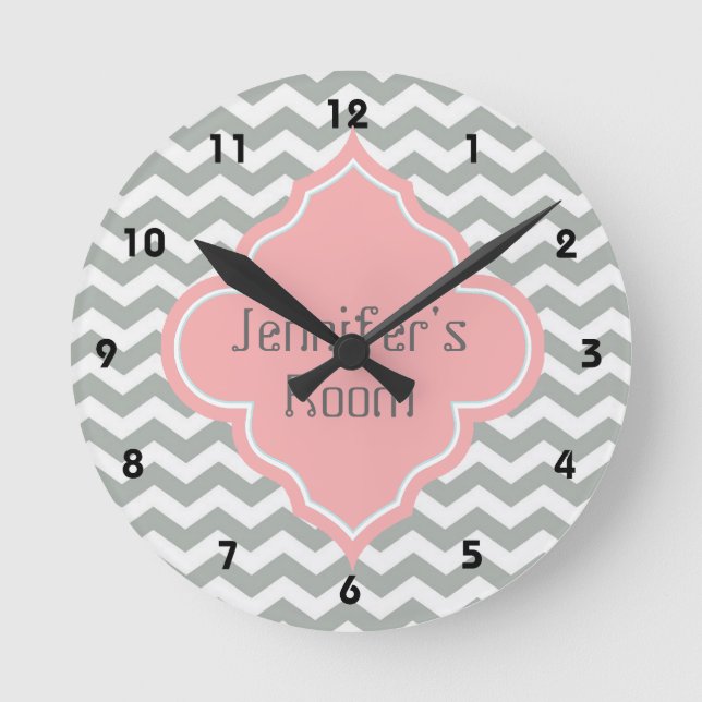 Elegant, trendig, modern grau, rosa Zickzack Runde Wanduhr (Vorderseite)