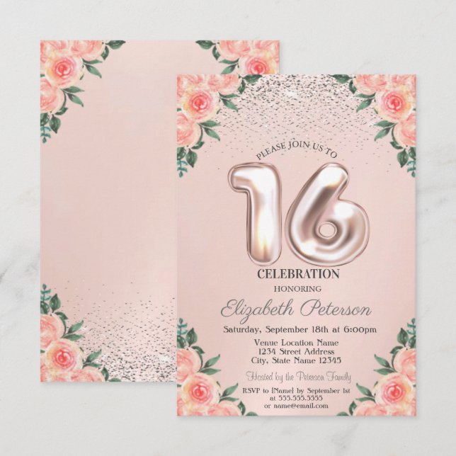 Elegant Trendy Confetti Blume Sweet 16 Einladung (Vorne/Hinten)
