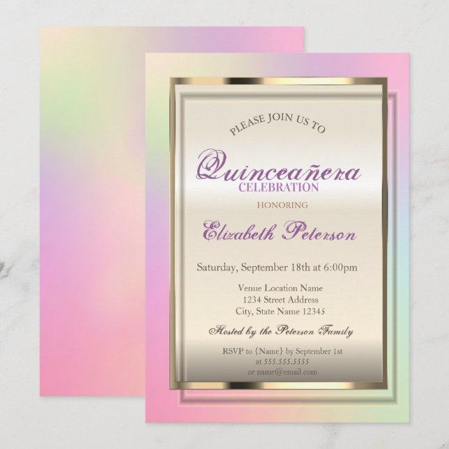 Elegant Trendy Cool Holographic Quinceañera Einladung (Vorne/Hinten)