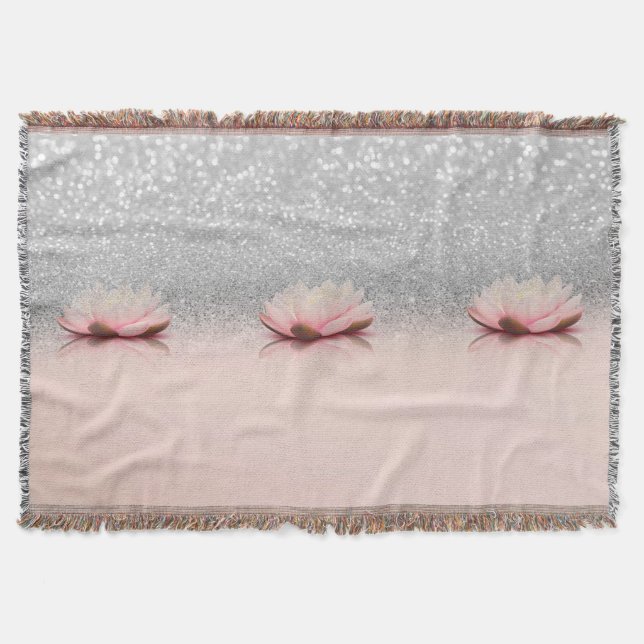 Elegant Trendy Girly, Lotus Silver Glitzer Bokeh Decke (Vorderseite)