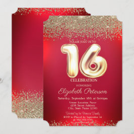 Elegant Trendy Red Gold Confetti Diamond Sweet 16 Einladung