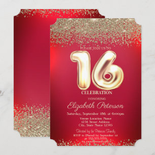 Elegant Trendy Red Gold Confetti Diamond Sweet 16 Einladung