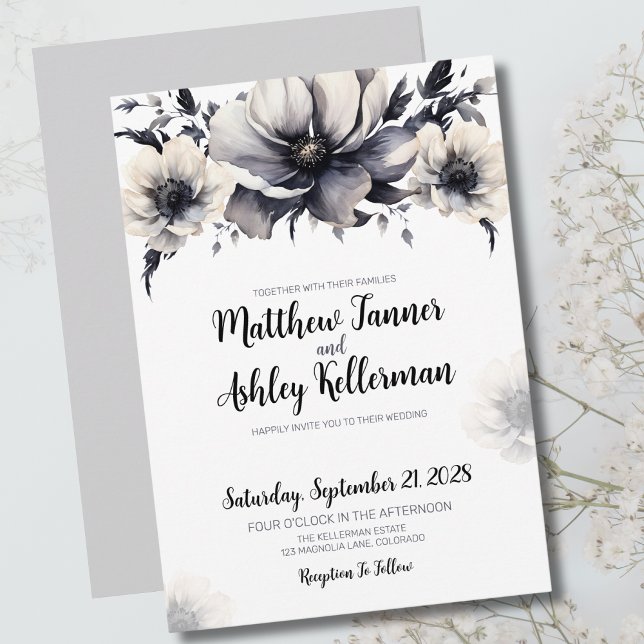 Elegant Trendy Schwarz-weiß Floral Wedding Einladung (Trendy Black White Floral Elegant Wedding Invitation)