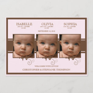 Elégant Triplet Photo Baby Girl Faire-part de nais