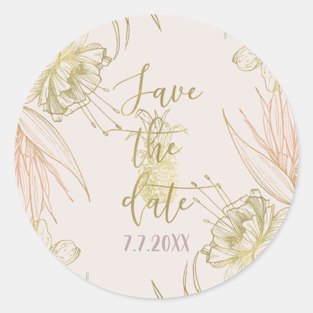 Elegant Tropical Botanical Floral Save the Date Runder Aufkleber (Vorderseite)