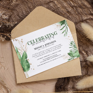 Elegant Tropical Botanical Greenery & Gold Beerdig Einladung