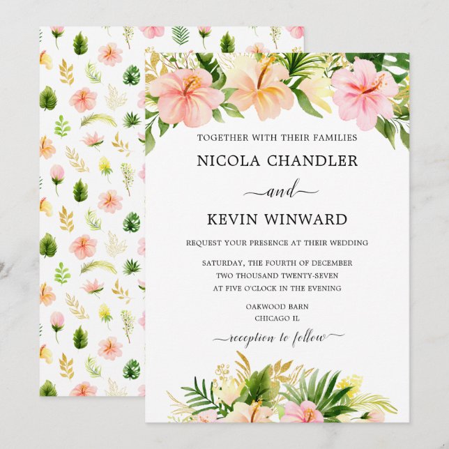 Elegant Tropical Floral Wedding Einladung (Vorne/Hinten)