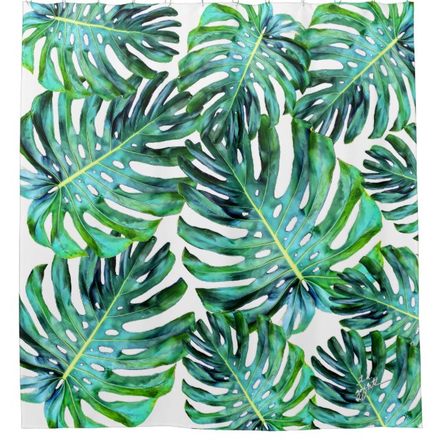 Elegant Tropical Hawaii Monstera Leaf Foto Duschvorhang (Vorderseite)