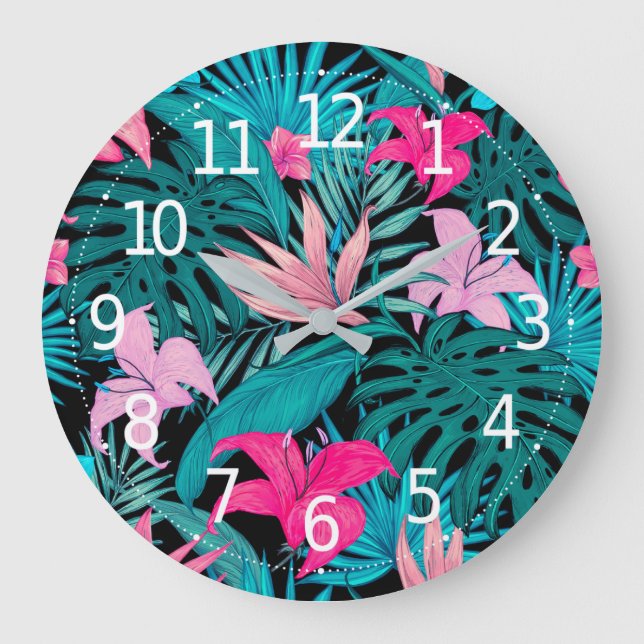 Elegant Tropical Hibiscus Flowers and Leaves Wird Große Wanduhr (Vorderseite)