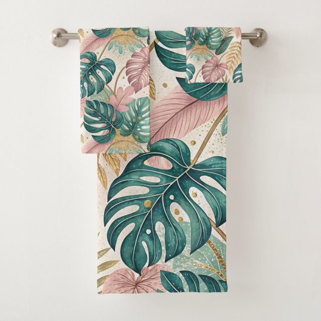 Elegant Tropical Monsteras Boho Badhandtuch Set (Insitu)