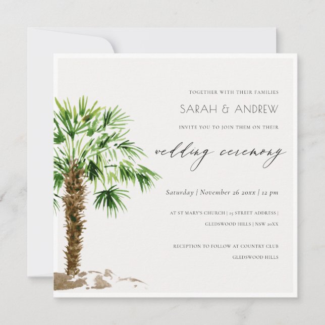 Elegant Tropical Palm Watercolor Wedding Invite Dankeskarte (Vorderseite)
