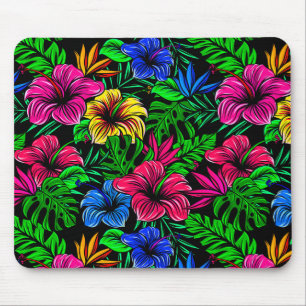 Elegant Tropical Pink Red Blue Hibiscus Flower Mousepad