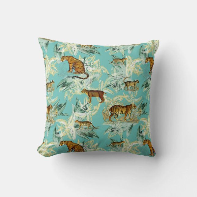 Elegant Tropical Safari Wilde Katzen Tiger Aquamar Kissen (Vorderseite)