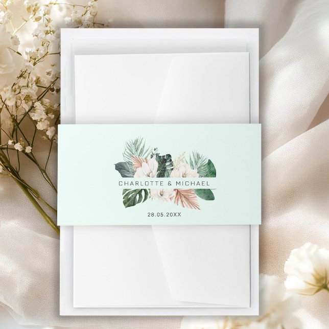 Elegant, tropisch, üppig, Hochzeit Einladungsbanderole (Elegant, tropical, leafy, wedding invitation belly band with your name and date
)