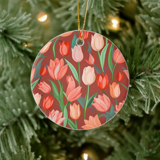 Elegant Tulip Floral Pattern – Red & Peach Spring  Keramik Ornament (Baum)