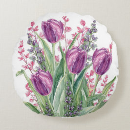 Elegant Tulip Flowers Pattern,Purple Stripes Rundes Kissen