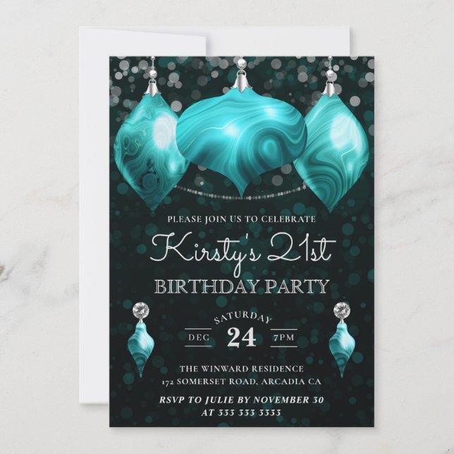 Elegant Türkis Agate Baubles 21. Geburtstag Einladung (Vorderseite)